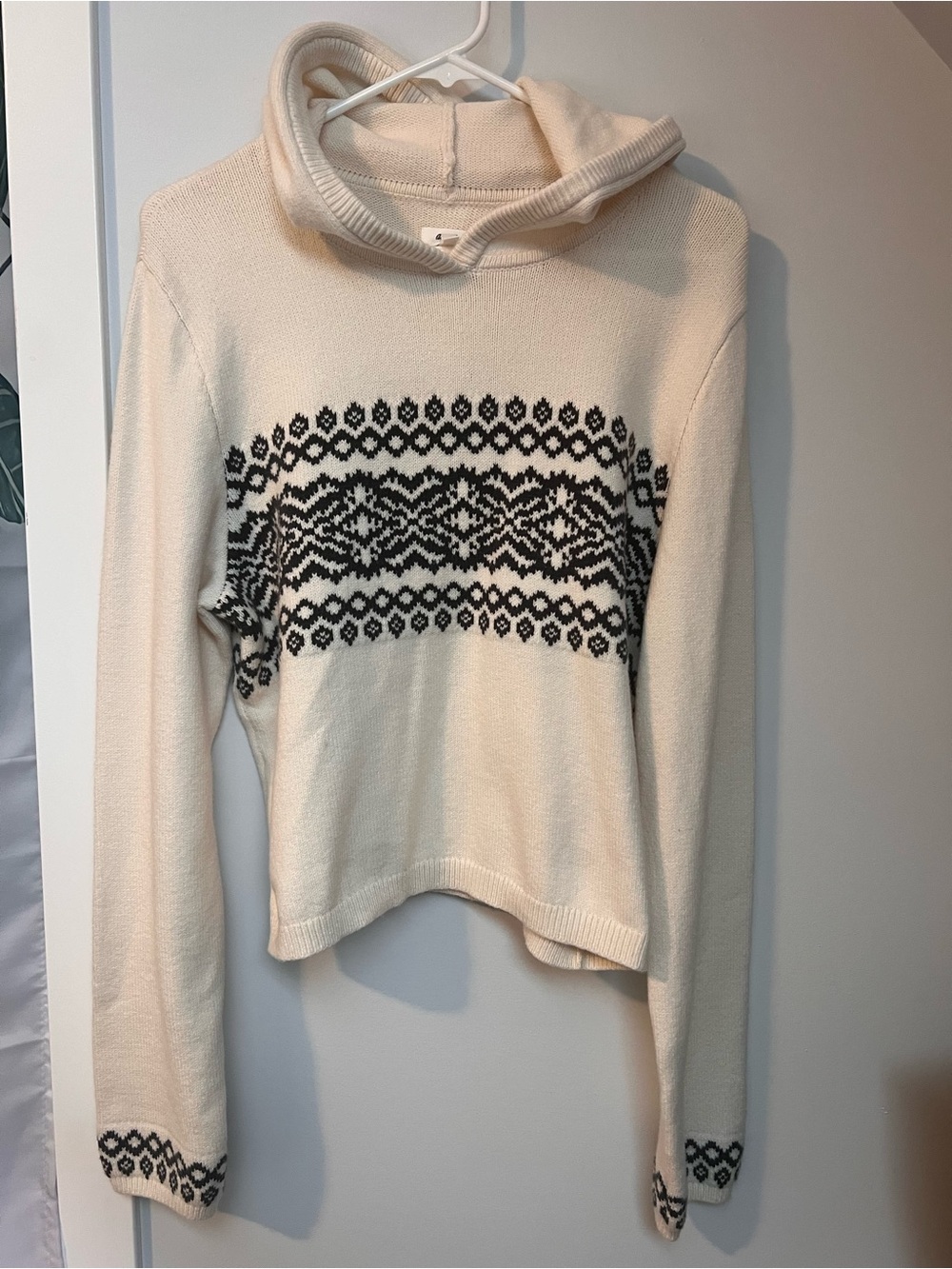 aerie Cream and Black Fair Isle Hooded Sweater